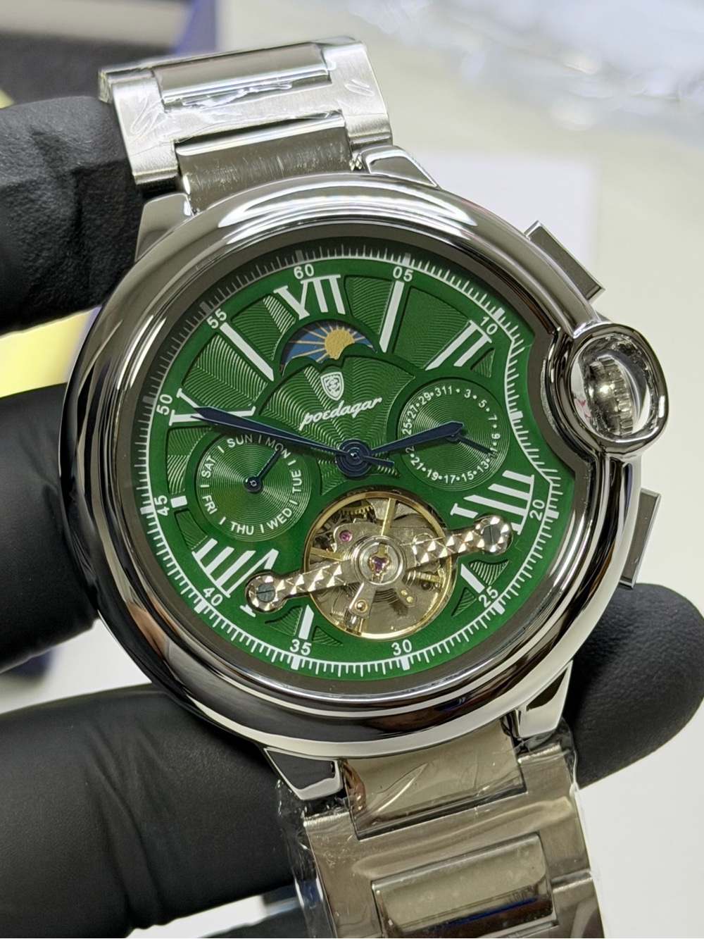 Poedagar Moonphase P1413 Automatic Tourbillon Green Dial Men’s 48mm Watch